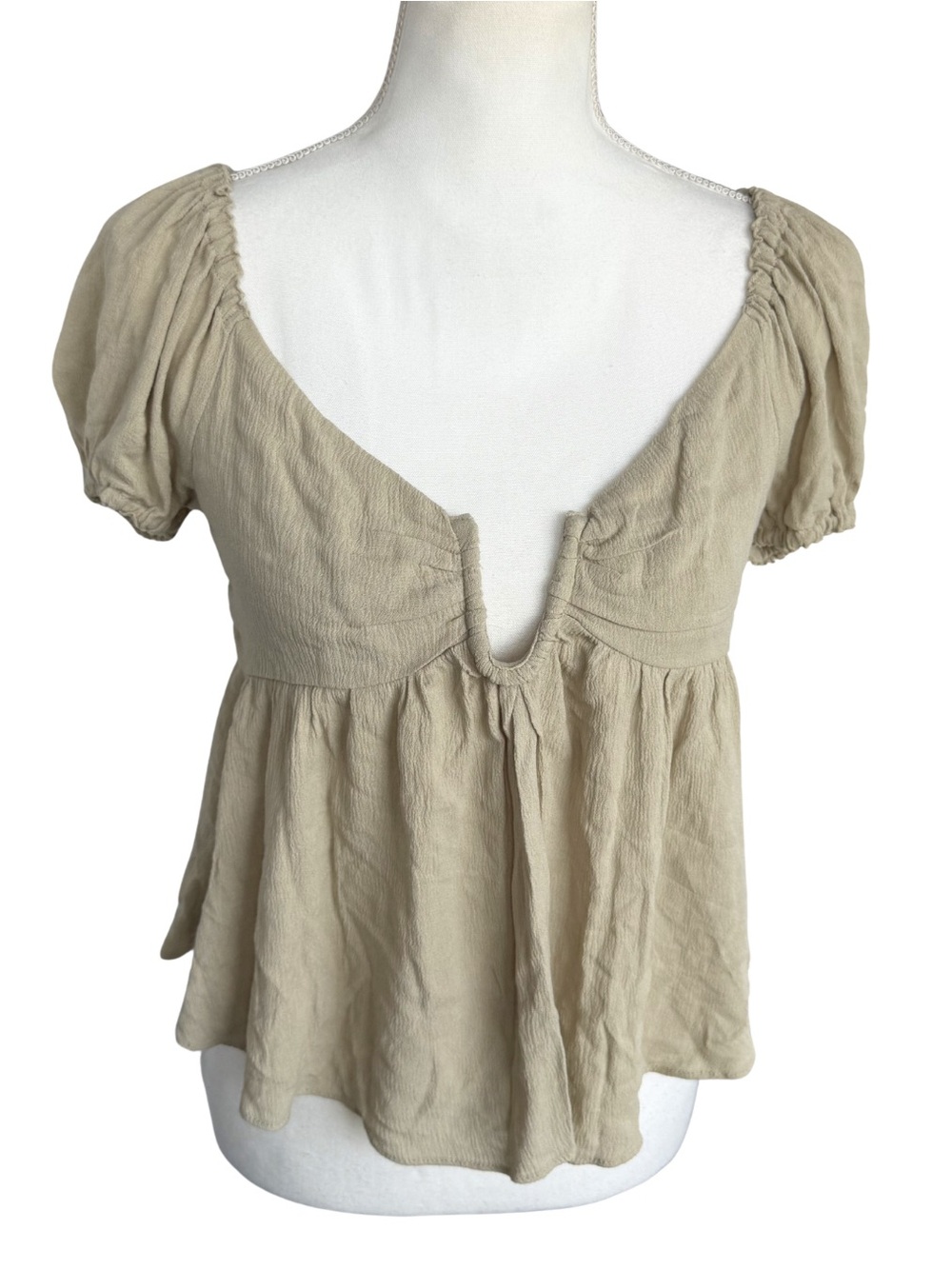 Shop Neighbor Beige Babydoll Peplum Top Small Puff Sleeve Cottagecore Boho
